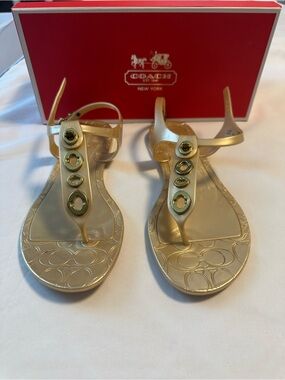 Coach Metallic Gold T-Strap Jelly Sandals with Logo Detail Size-9B